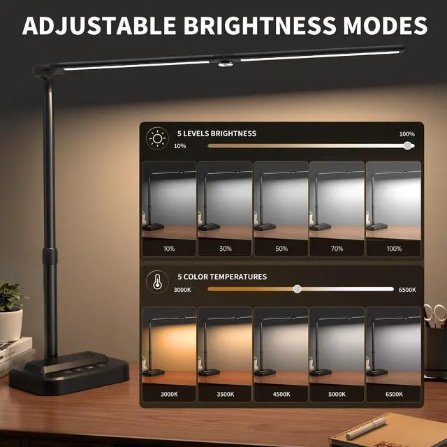 Alt view image 5 of 7 - LED Desk Lamp, Ultra Wide Computer Light, Dimmable Desk Light with USB Fast Charging, Adjustable Foldable Eye Caring Office Desk Lamp for Monitor Work Gaming Home Study