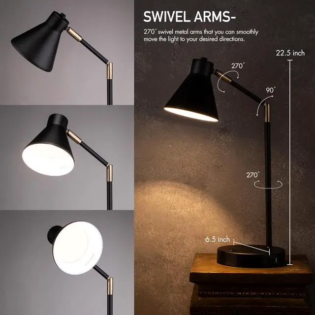 Alt view image 2 of 7 - O'Bright Astrum - LED Desk Lamp with Dual USB Charging Ports, 100% Metal, 270 Degree Swivel Arms, Soft White Light (3000K), Bedside & Home Office Table Lamp, ETL Listed, Black