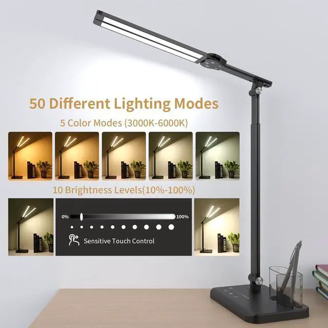 Alt view image 2 of 7 - Woputne LED Desk Lamp Dual Heads, Dual USB Port, Height Adjustable, 15W | 5 Light Modes & Dimmable Brightness,Desk Lamps for Home Office Bedside Lamp for Reading, Craft, Work, Study (Black)