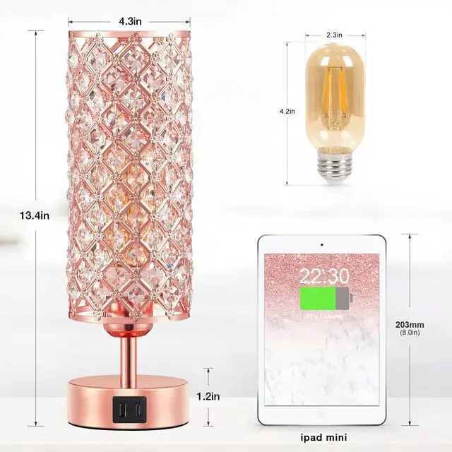 Alt view image 4 of 7 - Pink Crystal Table Lamp, 3 Way Dimmable Touch Lamps for Night Stands | Rose Gold, Touch Control, USB C+A Charging Port, Desk Lamps for girls Bedroom, Living Room, Home Office, Room Decor