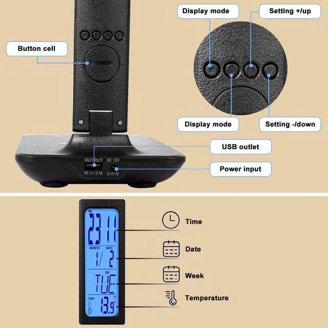 Alt view image 5 of 7 - LED Desk Lamp with Wireless Charger, Suitable for Home, Office Dimmable, with USB Charging Port, Built-in Clock, Calendar, Thermometer and Automatic Timing Reading Desk Lamp.