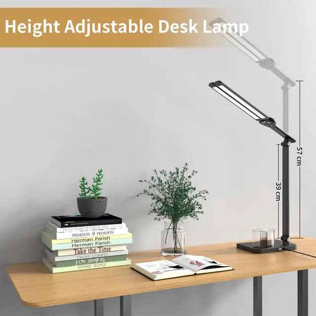 Alt view image 3 of 7 - Woputne LED Desk Lamp Dual Heads, Dual USB Port, Height Adjustable, 15W | 5 Light Modes & Dimmable Brightness,Desk Lamps for Home Office Bedside Lamp for Reading, Craft, Work, Study (Black)