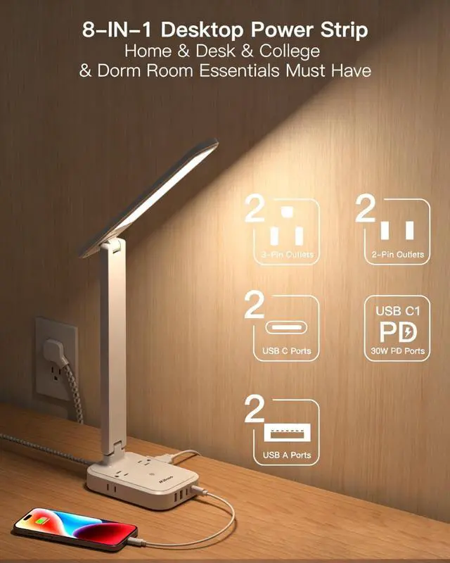 Alt view image 2 of 6 - Mifaso 8-in-1 LED Desk Lamp with Power Strip, PD 30W Touch Desk Lamp, 4 Outlets & 4 USB Ports, Eye-Caring Dimmable Table Lamp with 5FT Extension Cord for Home Office College Dorm Room Essentials