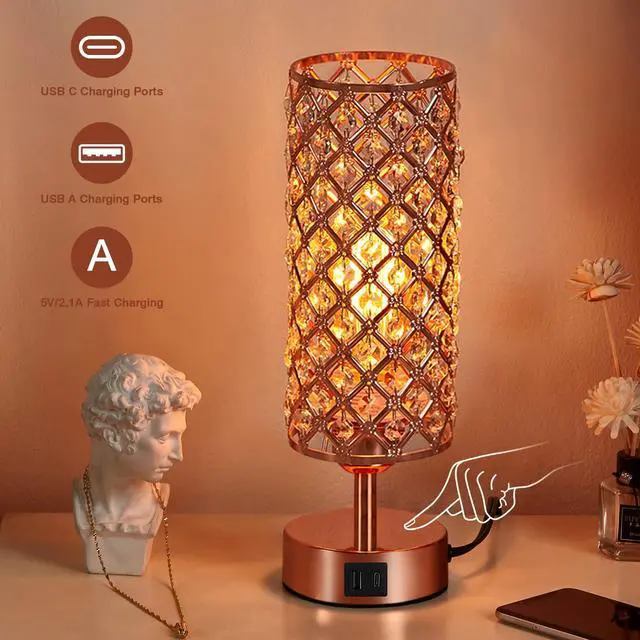 Alt view image 5 of 7 - Pink Crystal Table Lamp, 3 Way Dimmable Touch Lamps for Night Stands | Rose Gold, Touch Control, USB C+A Charging Port, Desk Lamps for girls Bedroom, Living Room, Home Office, Room Decor
