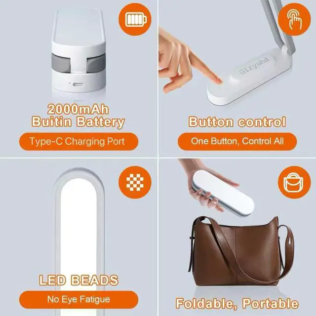 Alt view image 5 of 6 - Giryuhd LED Desk Lamp for Office Home & Battery Operated Lamp Rechargeable Lamp Foldable & Portable Light, LED Desk Light Strip, 3 Brightness Dimmable Small Desk Lamp Wireless Reading Lamp (White)