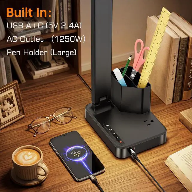 Alt view image 5 of 7 - LED Desk Lamp USB A/C AC Pen Holder Dorm Home Office Desk Light Black | Adjustable LED Desk Light with USB A/C, AC Outlet, Pen Holder; Small Desk Lamp for Dorm, Study, Craft & Home Office