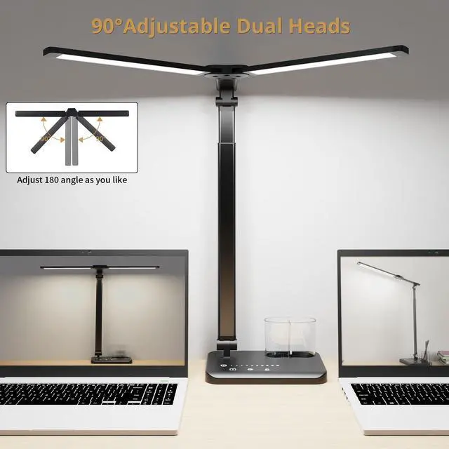 Alt view image 4 of 7 - Woputne LED Desk Lamp Dual Heads, Dual USB Port, Height Adjustable, 15W | 5 Light Modes & Dimmable Brightness,Desk Lamps for Home Office Bedside Lamp for Reading, Craft, Work, Study (Black)