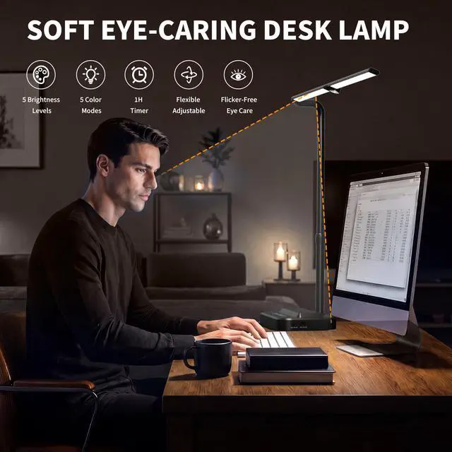 Alt view image 7 of 7 - LED Desk Lamp, Ultra Wide Computer Light, Dimmable Desk Light with USB Fast Charging, Adjustable Foldable Eye Caring Office Desk Lamp for Monitor Work Gaming Home Study