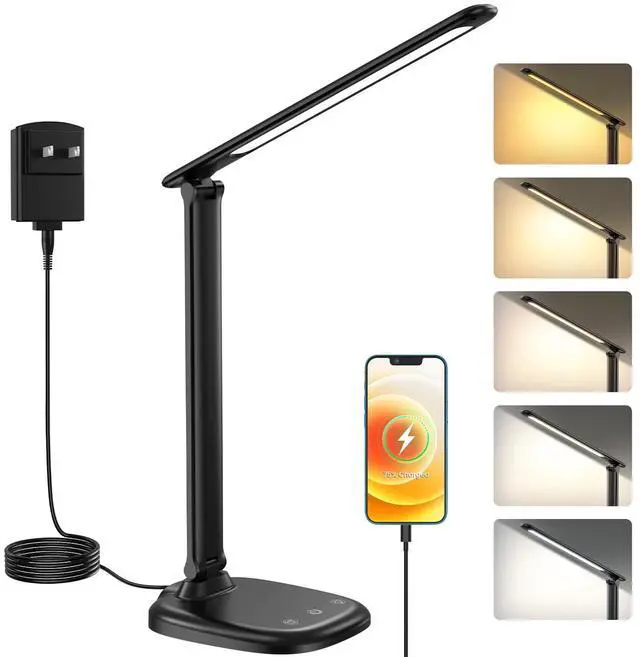 Main image of Desk Lamp with Charger, 10%-100% Stepless Dimmable & 5 Color Modes Study Lamp, Touch Control, 30-/60-minute Timer, USB Charging Output Port, CRI90, Eye-Caring Foldable LED Desk Lamps for Home Office