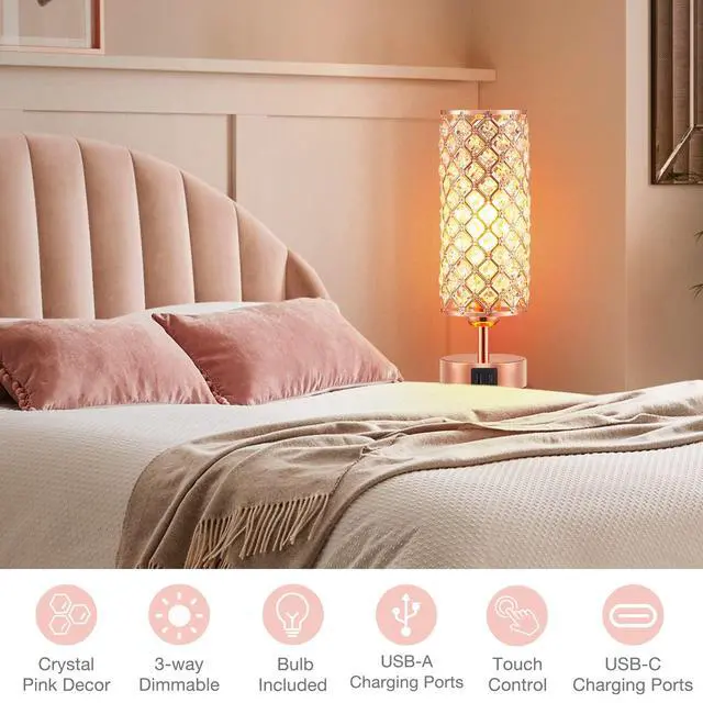 Alt view image 6 of 7 - Pink Crystal Table Lamp, 3 Way Dimmable Touch Lamps for Night Stands | Rose Gold, Touch Control, USB C+A Charging Port, Desk Lamps for girls Bedroom, Living Room, Home Office, Room Decor