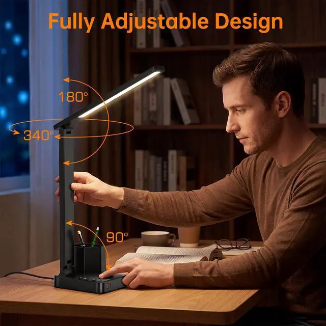 Alt view image 6 of 7 - LED Desk Lamp USB A/C AC Pen Holder Dorm Home Office Desk Light Black | Adjustable LED Desk Light with USB A/C, AC Outlet, Pen Holder; Small Desk Lamp for Dorm, Study, Craft & Home Office