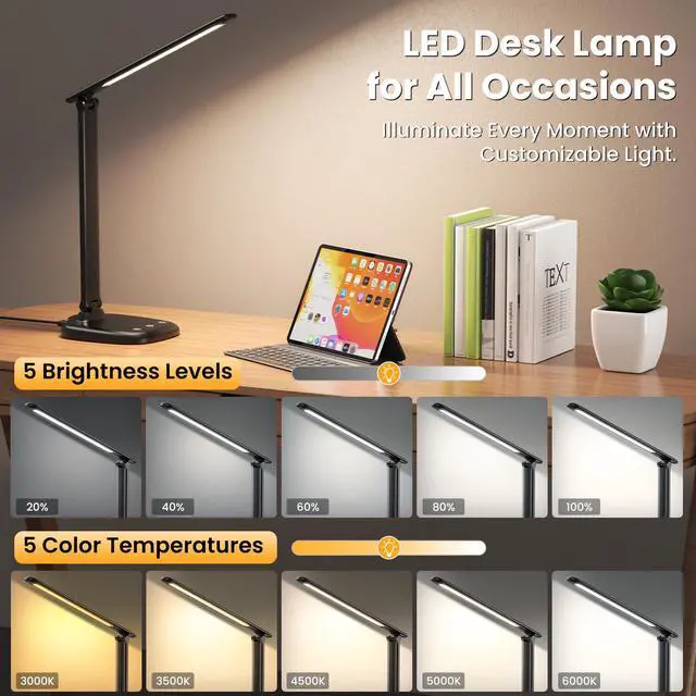 Alt view image 2 of 7 - Desk Lamp with Charger, 10%-100% Stepless Dimmable & 5 Color Modes Study Lamp, Touch Control, 30-/60-minute Timer, USB Charging Output Port, CRI90, Eye-Caring Foldable LED Desk Lamps for Home Office