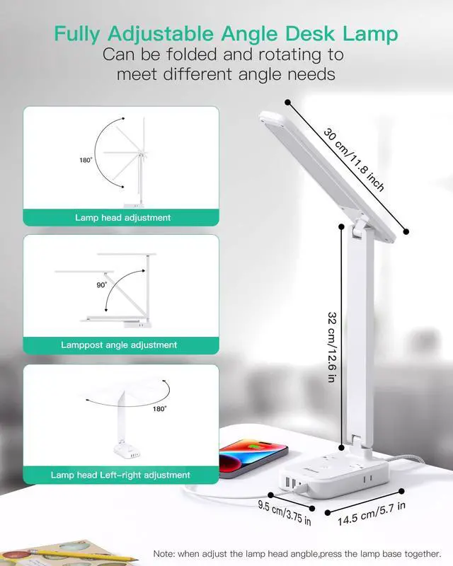 Alt view image 4 of 6 - Mifaso 8-in-1 LED Desk Lamp with Power Strip, PD 30W Touch Desk Lamp, 4 Outlets & 4 USB Ports, Eye-Caring Dimmable Table Lamp with 5FT Extension Cord for Home Office College Dorm Room Essentials