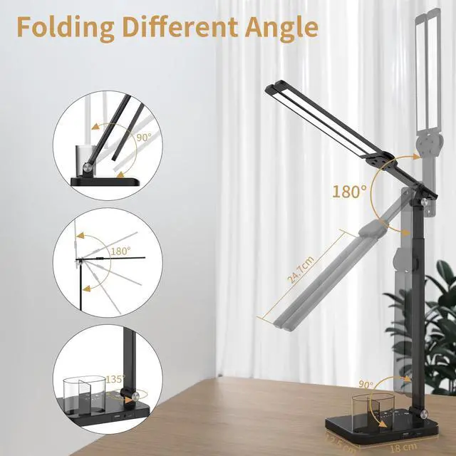 Alt view image 6 of 7 - Woputne LED Desk Lamp Dual Heads, Dual USB Port, Height Adjustable, 15W | 5 Light Modes & Dimmable Brightness,Desk Lamps for Home Office Bedside Lamp for Reading, Craft, Work, Study (Black)
