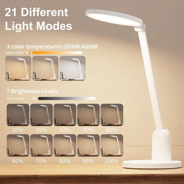 Alt view image 4 of 7 - Kitloo Desk Lamps for Home Office with Stable Base, 1000LM Ultra Bright Eye-Caring Desk Light, 3000K-6000K Dimmable Table Lamp with Stepless Dimming & Timing Function for Work, Reading, Bedroom