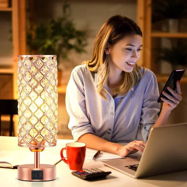 Alt view image 7 of 7 - Pink Crystal Table Lamp, 3 Way Dimmable Touch Lamps for Night Stands | Rose Gold, Touch Control, USB C+A Charging Port, Desk Lamps for girls Bedroom, Living Room, Home Office, Room Decor