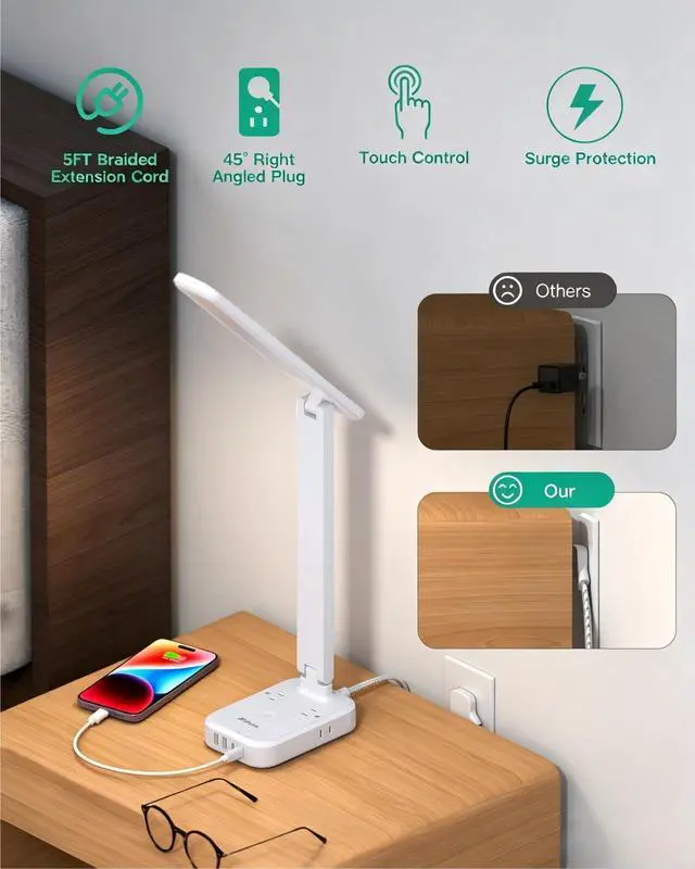 Alt view image 5 of 6 - Mifaso 8-in-1 LED Desk Lamp with Power Strip, PD 30W Touch Desk Lamp, 4 Outlets & 4 USB Ports, Eye-Caring Dimmable Table Lamp with 5FT Extension Cord for Home Office College Dorm Room Essentials