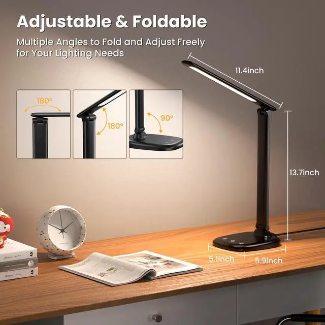 Alt view image 3 of 7 - Desk Lamp with Charger, 10%-100% Stepless Dimmable & 5 Color Modes Study Lamp, Touch Control, 30-/60-minute Timer, USB Charging Output Port, CRI90, Eye-Caring Foldable LED Desk Lamps for Home Office