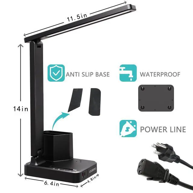 Alt view image 7 of 7 - LED Desk Lamp USB A/C AC Pen Holder Dorm Home Office Desk Light Black | Adjustable LED Desk Light with USB A/C, AC Outlet, Pen Holder; Small Desk Lamp for Dorm, Study, Craft & Home Office