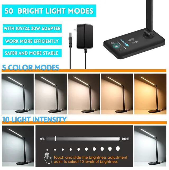 Alt view image 2 of 7 - LED Desk Lamp with Wireless Charger, USB Charging Port, 10 Brightness, 5 Color Modes, Desk Lamps for Home Office, Dimmable Table Lamp Eye Caring Reading Light, Touch Control, Auto Timer, Black