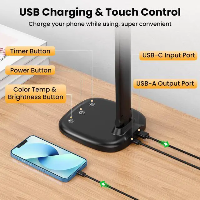 Alt view image 4 of 7 - Desk Lamp with Charger, 10%-100% Stepless Dimmable & 5 Color Modes Study Lamp, Touch Control, 30-/60-minute Timer, USB Charging Output Port, CRI90, Eye-Caring Foldable LED Desk Lamps for Home Office