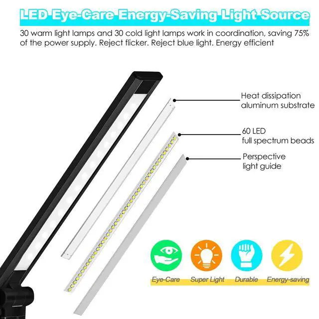 Alt view image 3 of 7 - LED Desk Lamp with Wireless Charger, USB Charging Port, 10 Brightness, 5 Color Modes, Desk Lamps for Home Office, Dimmable Table Lamp Eye Caring Reading Light, Touch Control, Auto Timer, Black