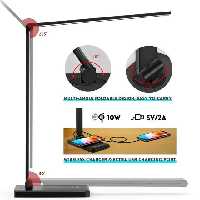 Alt view image 4 of 7 - LED Desk Lamp with Wireless Charger, USB Charging Port, 10 Brightness, 5 Color Modes, Desk Lamps for Home Office, Dimmable Table Lamp Eye Caring Reading Light, Touch Control, Auto Timer, Black