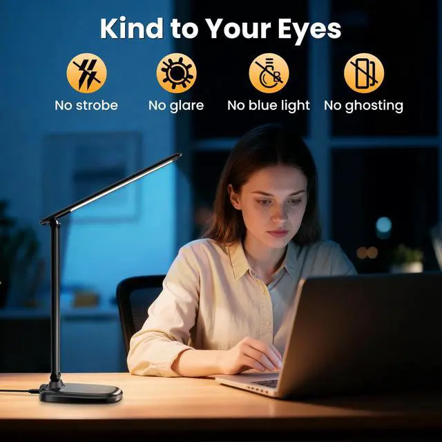 Alt view image 5 of 7 - Desk Lamp with Charger, 10%-100% Stepless Dimmable & 5 Color Modes Study Lamp, Touch Control, 30-/60-minute Timer, USB Charging Output Port, CRI90, Eye-Caring Foldable LED Desk Lamps for Home Office