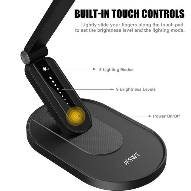 Alt view image 4 of 7 - JKSWT LED Desk Lamp, Eye-Caring Table Lamps Natural Light Protects Eyes Dimmable Office Lamp with 5 Color Modes USB Charging Port Touch Control and Memory Function, 10W Reading Lamp,Black