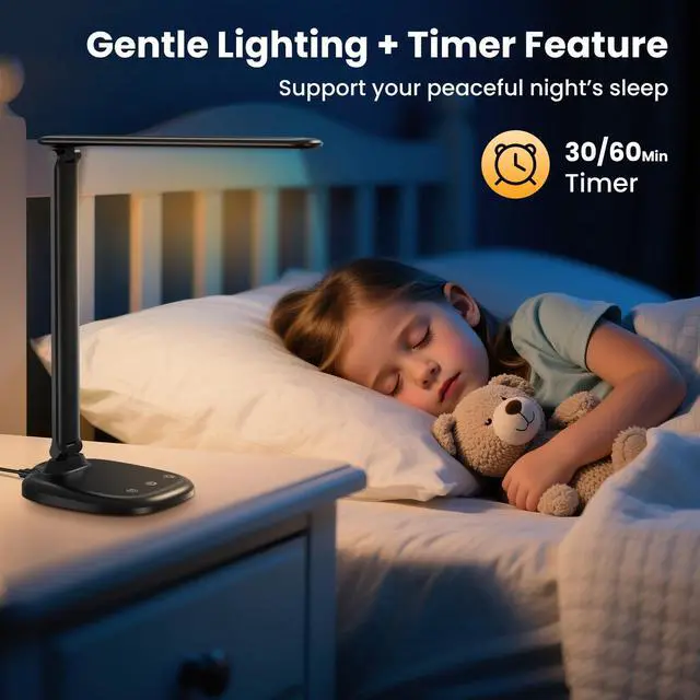 Alt view image 6 of 7 - Desk Lamp with Charger, 10%-100% Stepless Dimmable & 5 Color Modes Study Lamp, Touch Control, 30-/60-minute Timer, USB Charging Output Port, CRI90, Eye-Caring Foldable LED Desk Lamps for Home Office