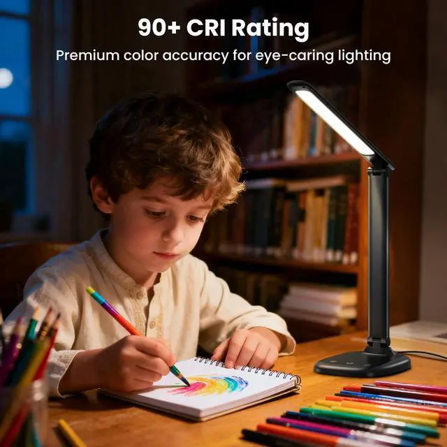 Alt view image 7 of 7 - Desk Lamp with Charger, 10%-100% Stepless Dimmable & 5 Color Modes Study Lamp, Touch Control, 30-/60-minute Timer, USB Charging Output Port, CRI90, Eye-Caring Foldable LED Desk Lamps for Home Office