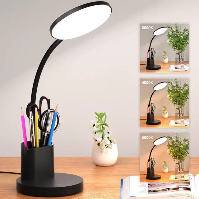 Main image of LED Desk Lamp for College Dorm with Pen Phone Holder, Black | 3 Color Modes Dimmable Desk Light, College Dorm Essentials, 360° Adjustable Arm, Eye-caring Bedside Reading Lamp, 800 Lumen