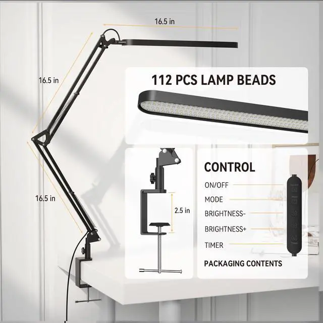 Alt view image 3 of 6 - Desk Lamp for Home Office, Eye Comfortable LED Desk Light for Long Hours, Adjustable Swing Arm with Memory Function, Black