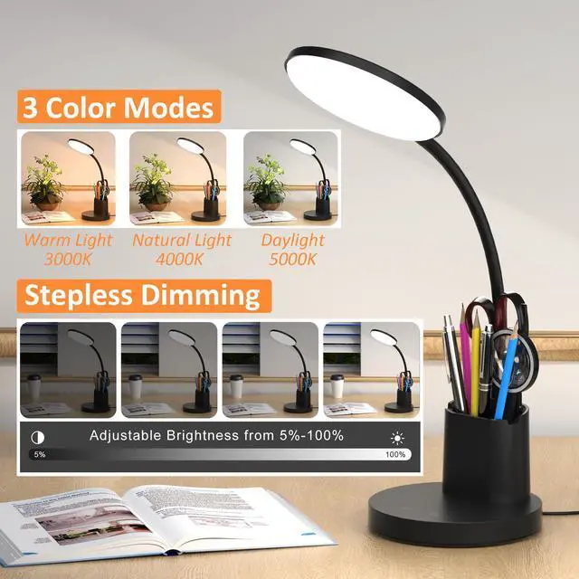 Alt view image 2 of 7 - LED Desk Lamp for College Dorm with Pen Phone Holder, Black | 3 Color Modes Dimmable Desk Light, College Dorm Essentials, 360° Adjustable Arm, Eye-caring Bedside Reading Lamp, 800 Lumen