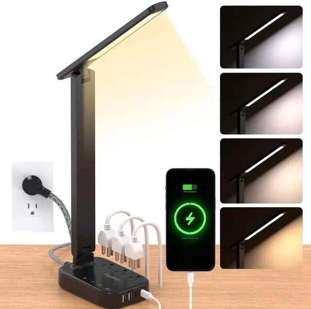 Main image of LED Desk Lamp Power Strip with 4 USB 3 Outlets, Dorm Room Essentials, Black | One Beat 4 Modes 5 Level Brightness Touch Lamp, Small Desk Lamp for Home Office College Dorm Essentials, Study Reading Lig