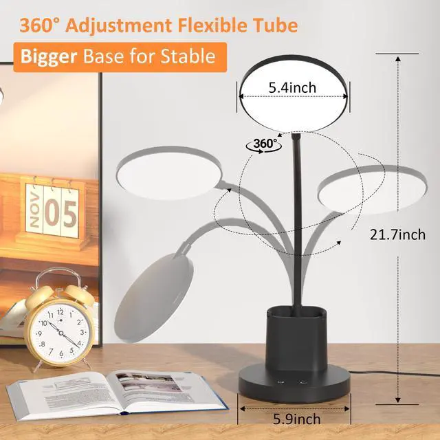 Alt view image 3 of 7 - LED Desk Lamp for College Dorm with Pen Phone Holder, Black | 3 Color Modes Dimmable Desk Light, College Dorm Essentials, 360° Adjustable Arm, Eye-caring Bedside Reading Lamp, 800 Lumen