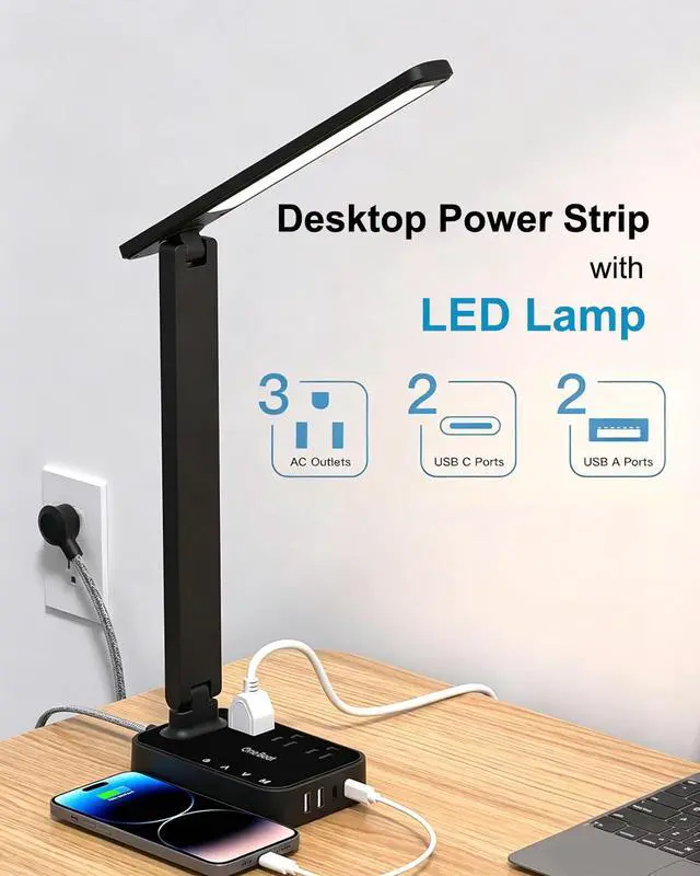 Alt view image 2 of 7 - LED Desk Lamp Power Strip with 4 USB 3 Outlets, Dorm Room Essentials, Black | One Beat 4 Modes 5 Level Brightness Touch Lamp, Small Desk Lamp for Home Office College Dorm Essentials, Study Reading Lig