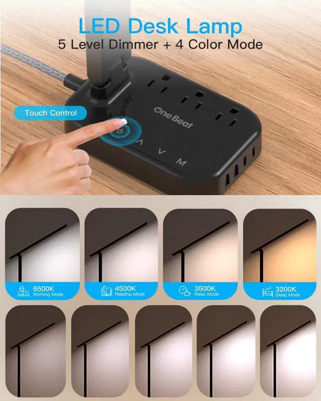 Alt view image 3 of 7 - LED Desk Lamp Power Strip with 4 USB 3 Outlets, Dorm Room Essentials, Black | One Beat 4 Modes 5 Level Brightness Touch Lamp, Small Desk Lamp for Home Office College Dorm Essentials, Study Reading Lig