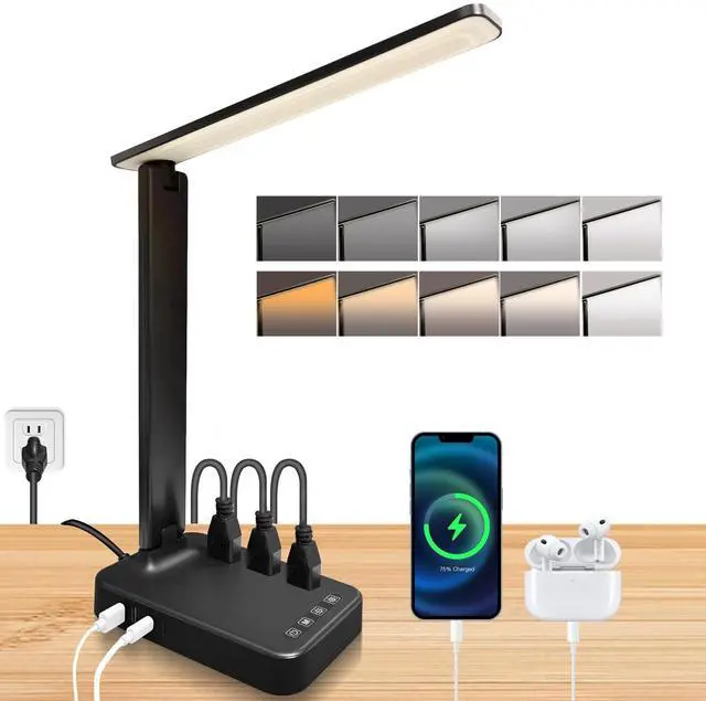 Main image of LED Desk Lamp with Power Strip, 3 AC Outlets & 4 USB Ports (2 USB-C), Eye-Caring Task Light, 5 Color Modes 5 Brightness Dimmable, Sturdy Base Home Office Dorm Room Essentials
