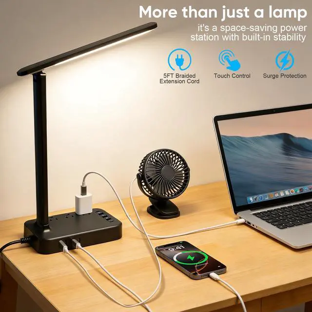 Alt view image 2 of 6 - LED Desk Lamp with Power Strip, 3 AC Outlets & 4 USB Ports (2 USB-C), Eye-Caring Task Light, 5 Color Modes 5 Brightness Dimmable, Sturdy Base Home Office Dorm Room Essentials