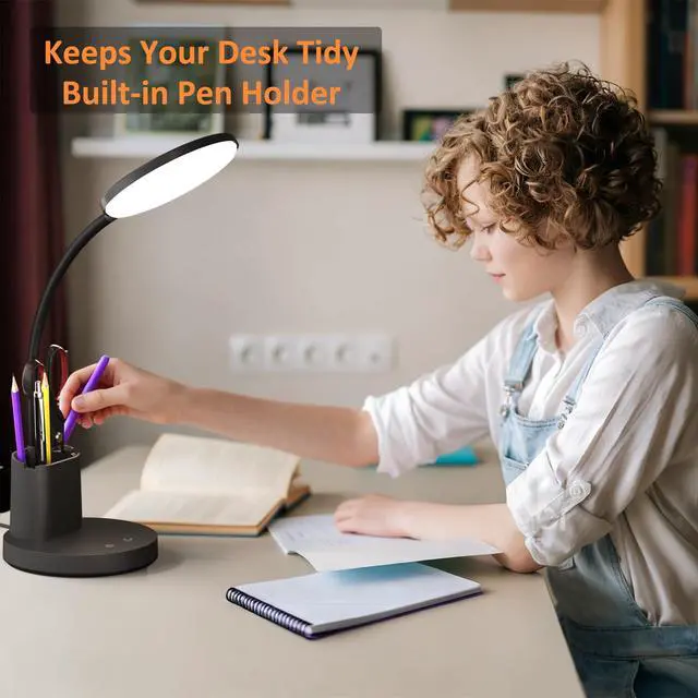 Alt view image 5 of 7 - LED Desk Lamp for College Dorm with Pen Phone Holder, Black | 3 Color Modes Dimmable Desk Light, College Dorm Essentials, 360° Adjustable Arm, Eye-caring Bedside Reading Lamp, 800 Lumen
