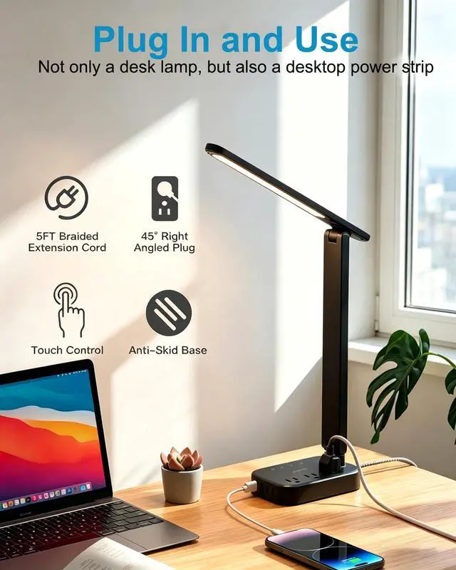 Alt view image 6 of 7 - LED Desk Lamp Power Strip with 4 USB 3 Outlets, Dorm Room Essentials, Black | One Beat 4 Modes 5 Level Brightness Touch Lamp, Small Desk Lamp for Home Office College Dorm Essentials, Study Reading Lig
