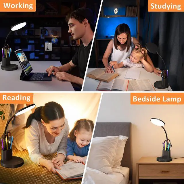 Alt view image 6 of 7 - LED Desk Lamp for College Dorm with Pen Phone Holder, Black | 3 Color Modes Dimmable Desk Light, College Dorm Essentials, 360° Adjustable Arm, Eye-caring Bedside Reading Lamp, 800 Lumen