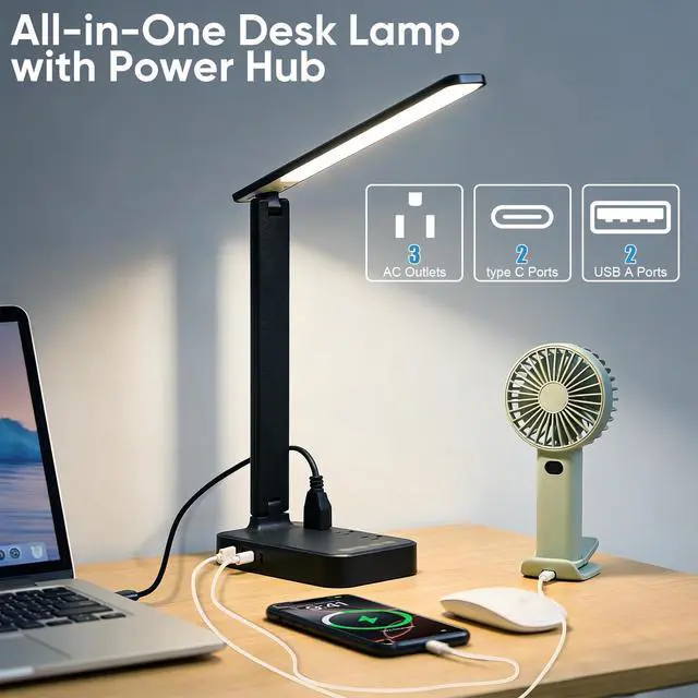 Alt view image 4 of 6 - LED Desk Lamp with Power Strip, 3 AC Outlets & 4 USB Ports (2 USB-C), Eye-Caring Task Light, 5 Color Modes 5 Brightness Dimmable, Sturdy Base Home Office Dorm Room Essentials