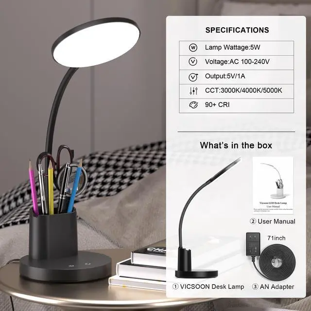 Alt view image 7 of 7 - LED Desk Lamp for College Dorm with Pen Phone Holder, Black | 3 Color Modes Dimmable Desk Light, College Dorm Essentials, 360° Adjustable Arm, Eye-caring Bedside Reading Lamp, 800 Lumen