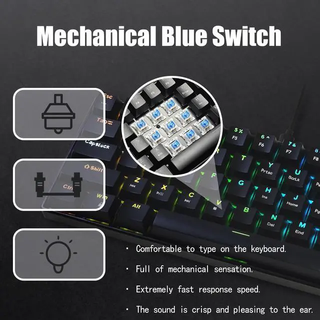 Alt view image 2 of 6 - Mechanical Keyboard, 60% Mechanical Gaming Keyboard with Blue Switches and Dynamic 26-Mode RGB Backlight - Plug and Play, 61-Key, Anti-Ghosting, for PC, Windows, Mac, Gamer, Office, Typists