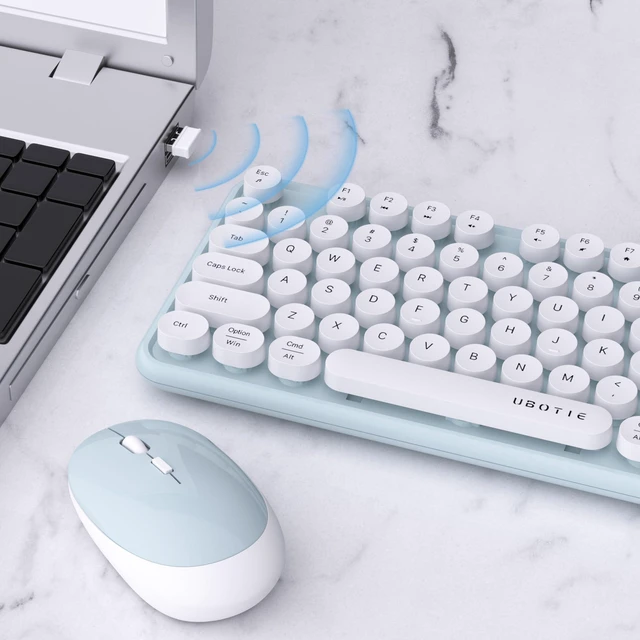 Alt view image 4 of 7 - UBOTIE Colorful Wireless Keyboard and Mouse Combo (Green-White) | Retro Typewriter Floating Full-Sized Keys Computer Keyboard with Optical Mouse, 2.4GHz USB Connection for Windows Mac