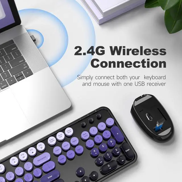 Alt view image 2 of 7 - MOFII Wireless Computer Keyboard and Mouse Combo, Typewriter Full Size Keyboard with Number Pad and 2 in 1 USB Connected Mouse for PC Laptop Desktop Windows 7 8 11, Black & Purple