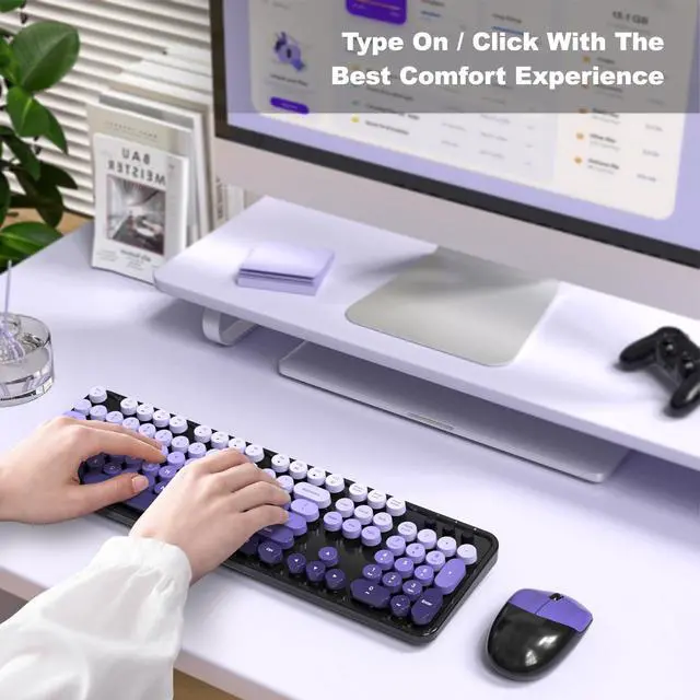 Alt view image 3 of 7 - MOFII Wireless Computer Keyboard and Mouse Combo, Typewriter Full Size Keyboard with Number Pad and 2 in 1 USB Connected Mouse for PC Laptop Desktop Windows 7 8 11, Black & Purple
