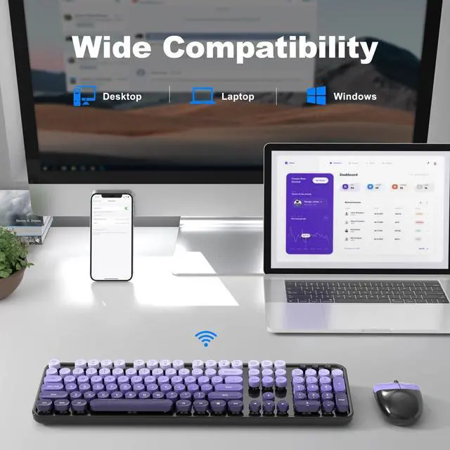 Alt view image 4 of 7 - MOFII Wireless Computer Keyboard and Mouse Combo, Typewriter Full Size Keyboard with Number Pad and 2 in 1 USB Connected Mouse for PC Laptop Desktop Windows 7 8 11, Black & Purple